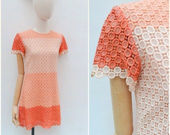 1960s Embroidered colourful shift dress, 60s Peach colour block mini, - XS