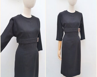 1950s Soft wool pencil dress, 50s Mr T sweater dress, 3/4 dolman sleeved midi, Winter day wear - S