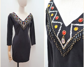 1980s Sequin bead fringed dress, 80s Bodycon gemstone mini, 90s tight cocktail dress - L