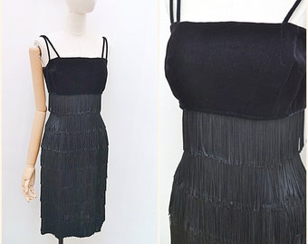 1950s Velvet fringed cocktail dress, 50s bootlace strap fitted wiggle, Black tassel evening wear - XS