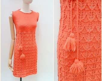 1960s Orange knitted day dress, 60s tassel belt wool wiggle, Crocket knit mini midi - XS