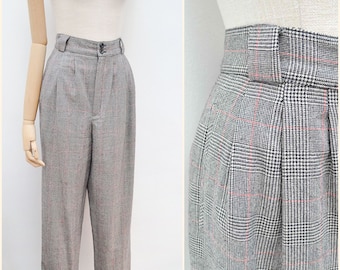 1980s Wide leg waisted trousers, 80s designer Giorgio Sant Angelo, Prince of Wales checked peg pants - M
