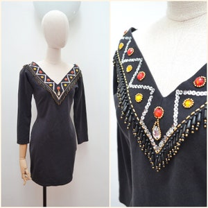 1980s Sequin bead fringed dress, 80s Bodycon gemstone mini, 90s tight cocktail dress L image 1