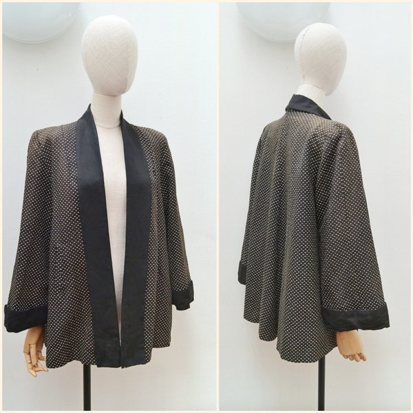 1940s Swing back faille jacket, 40s Open front wide sleeve, 50s Short unfitted spotty coat - S M