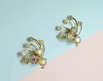 1950s Eisenberg rhinestone climber earrings, 50s Sparkly large screw backs, Signed designer costume jewellery