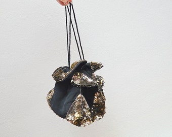 1930s Silver sequin drawstring handbag, 30s 40s Black rayon bag, Wrist strap evening purse