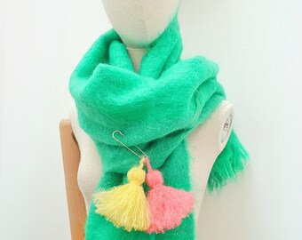 1960s Spring green mohair wide scarf with handmade pink yellow tassel kilt pin / Reworked vintage colourful large wrap