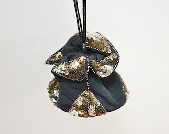 1930s Silver sequin drawstring handbag, 30s Black sparkly evening bag, 40s Wrist strap purse