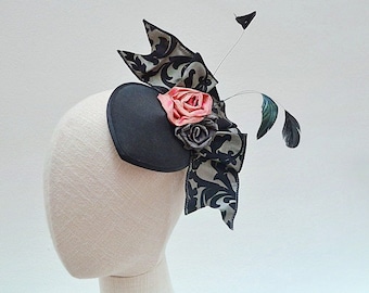 Silk baroque teardrop headpiece, Ribbon rose feather luxury fascinator, Floral black & silver mini hat