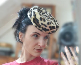 1950s Leopard print pillbox hat, 50s Faux fur round tilter, Edward Mann Edma millinery