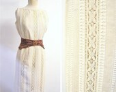 1950s Cream moygashel linen slash neck stripe crochet wiggle dress 50s Carlye natural cotton sleeveless fitted day dress - XS