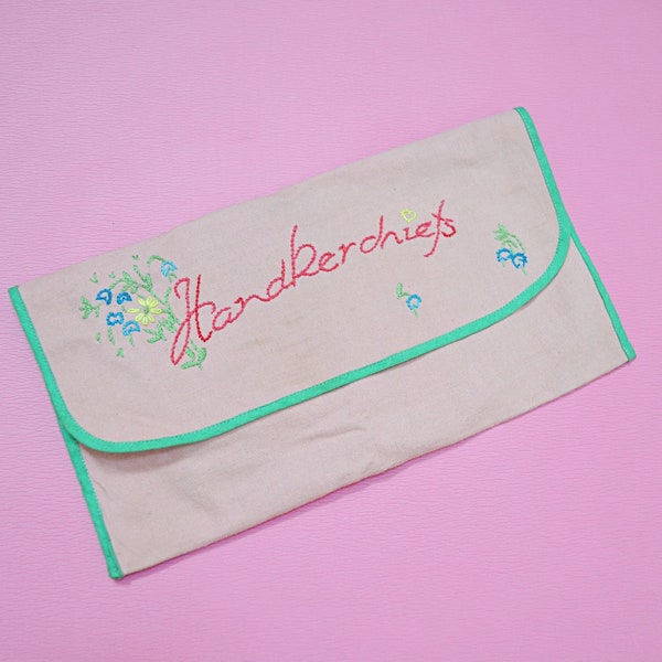 1930s Embroidered handkerchief pouch, 1940s handmade hankie scarf case, Pink 40s small gift