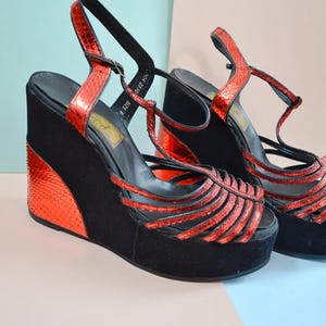 1970s Metallic snakeskin platforms, 70s Peep toe chunky wedges,  Ankle strap evening shoes - UK 4