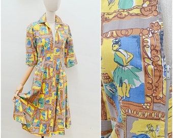 1950s Novelty ballerina painting dress, 50s printed 3/4 sleeve zipup, Cotton daywear with pockets - S