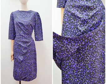 1950s Silk printed cocktail dress, 50s Swag wrap front wiggle, Leopard look 3/4 sleeve - XS S