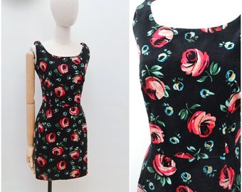 1990s Rose print velvet dress, 90s fitted floral Esprit mini, printed party wear - S