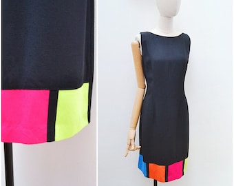 1990s Colourblock hem midi dress, 90s Helene Blake sundress, Multicoloured rayon sleeveless daywear - M