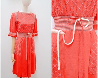 1970s Cheesecloth slash neck day dress, 70s Embroidered midi with pockets, Elbow length sleeve day wear - XS