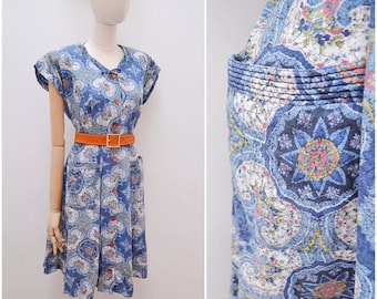 1940s Printed dress with pockets, 40s Blue paisley cotton daywear, Kenrose summer sundress - XL XXL