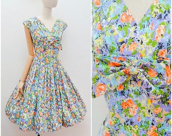 1950s Rose print cotton full skirt dress, 50s Flower printed drop waist sundress - M