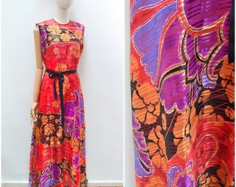 1970s Psychedelic print long party dress, 70s printed bright slinky maxi, A line evening wear - S M