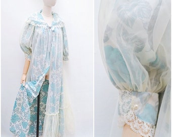 1960s Rose print nylon robe, 60s shawl collar blue negligee, Double layer nightwear - S M L