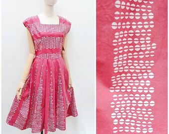 1940s Printed cotton summer dress, 40s Geometric pleated sundress, 50s full skirt bright daywear - S