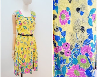 1940s Seersucker cotton summer dress, 40s Floral border print sundress, Bright summer daywear - S M