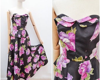 1940s Floral taffeta evening dress, 40s Boned strapless full skirt gown - XS S