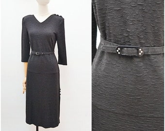 1970s Side split rhinestone dress, 70s belted 3/4 sleeve wiggle, Smart eveningwear - S M
