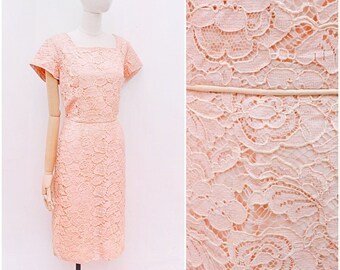 1950s 60s Lace fitted dress, 50s Pastel rose pattern wiggle, Square neck eveningwear - L