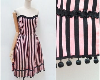 1950s Silk satin party dress, 50s Dance performance pompom costume,  strapless boned stripy cocktail wear - XS