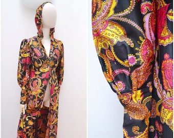 1970s Hooded long psychedelic robe, 70s Slinky printed maxi jacket, bishop sleeve full length dress - S