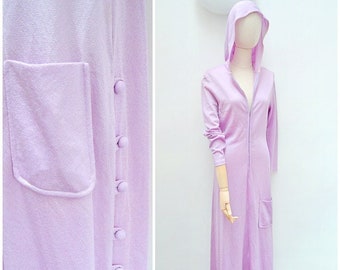 1970s Hooded zip front dress, 70s loungewear with side split, Pastel maxi eveningwear - S