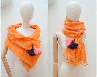 1960s Mohair wide scarf with tassel kilt pin, Reworked colourful large wrap, Handmade winter accessory