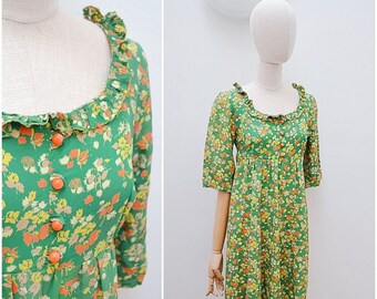 1930s Rayon ruffle summer dress, Flower print empire line daywear, Bright elbow length sleeve mini - XS S