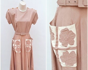 1940s Appliqué pocket rayon dress, 40s 50s Brilkie day sundress, Floral pale brown full skirt - XS S