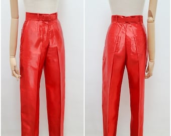 1970s Satin high waist trousers, 70s Belted straight leg pants, Red funky eveningwear - XS