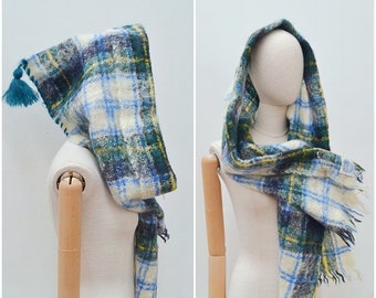 Mohair Pixie Hood fluffy scarf, 50s Reworked woollen hooded wrap, Skye Pringle tartan with tassel