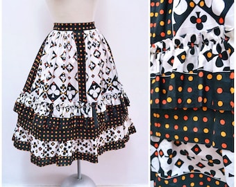 1970s does 50s tiered skirt, Novelty Club card suit print, Cotton printed full skirt - S