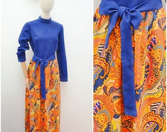 1970s Psychedelic cotton crepe dress, 70s roll neck long sleeve, Bright evening maxi - M Tall