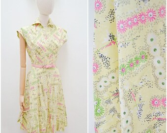 1940s Pastel green & pink printed full skirt day dress / 40s 50s Atomic daisy print collared summer dress - S