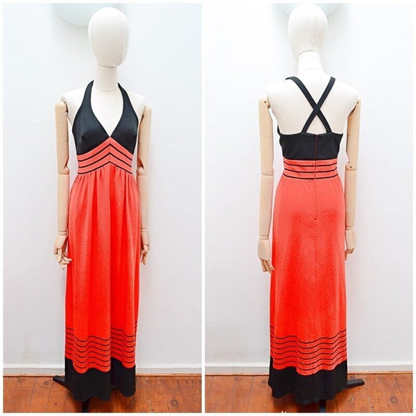 1970s Halterneck crepe evening dress, 70s does 30s Bright maxi, Full length partywear - M