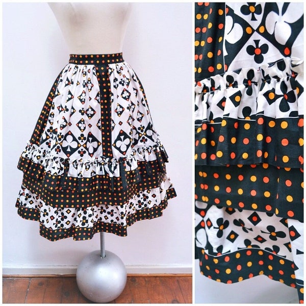 1970s does 50s tiered skirt, Novelty Club card suit print, Cotton printed full skirt - S