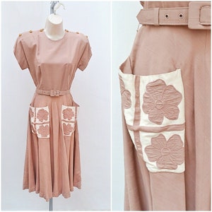 1940s Appliqué pocket rayon dress, 40s 50s Brilkie day sundress, Floral pale brown full skirt XS S image 1