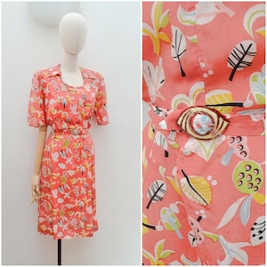 1930s 40s Novelty print rayon dress, Art Deco buckle printed teadress, 1940s Faux silk summer wear - M