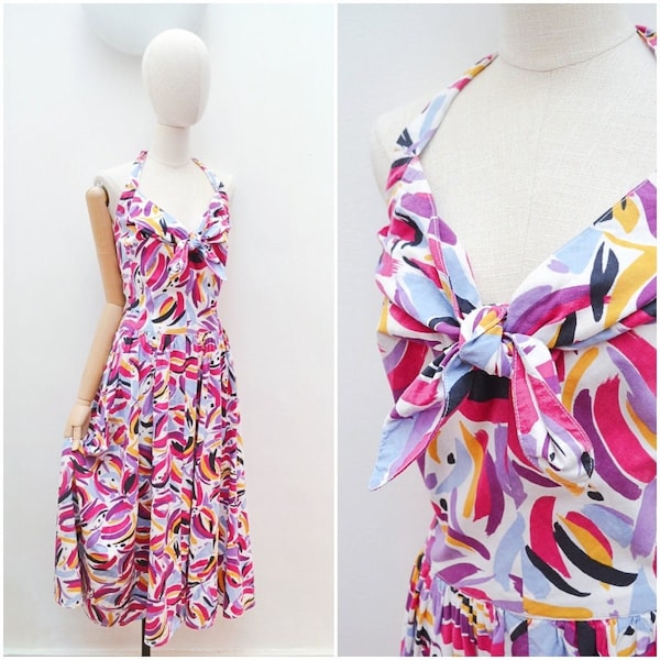 1980s Abstract cotton halterneck sundress, 80s Printed bright full skirt, summer dress with pockets, Small