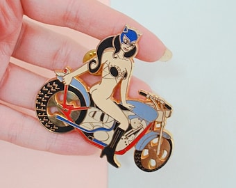 1990s Large catwoman Biker pin, 80s Pinup figural enamel badge, Big motorbike pinup brooch