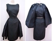 1950s Black fitted dress full overskirt or cape evening set 50s seersucker silk feel wiggle pannier over skirt - XS S