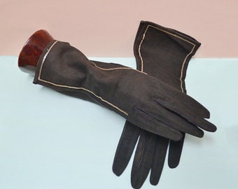 1940s Chain sequin suede gloves, 1930s 40s embroidered kid gauntlet, soft chocolate size 6 3/4